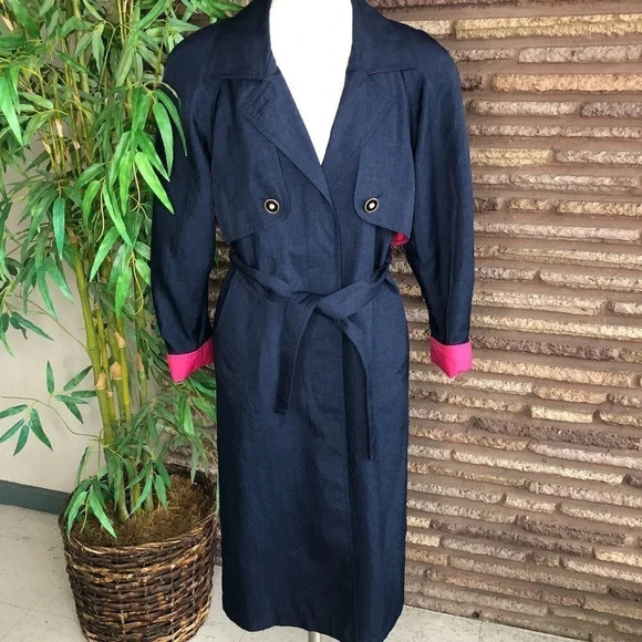 Neiman Marcus Navy Blue with Hot Pink Accents Trench Coat Raincoat - Picture 1 of 8